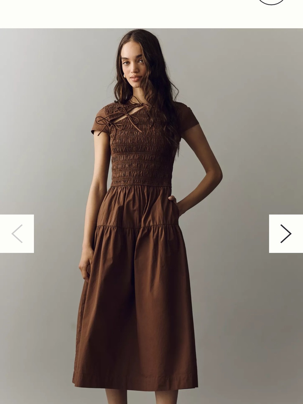 Smocked Cap-Sleeve Midi Dress in Chocolate Brown